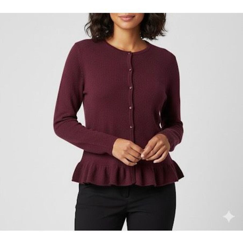 NWOT Garnet Hill Cashmere Cardigan size S Red Burgundy Peplum